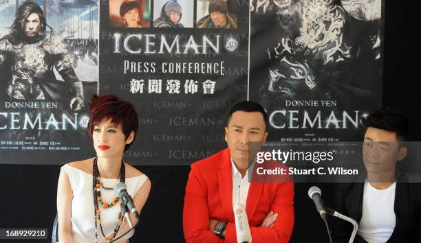 Eva Huang, Donnie Yen and Wang Boaqiang attend the 'Iceman Cometh 3D' Photocall and Press conference at the 66th Annual Cannes Film Festival on May...