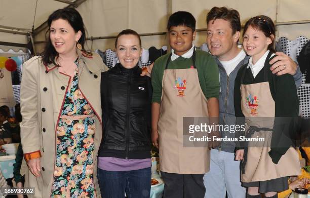 Kirstie Allsopp, Victoria Pendleton and Jamie Oliver attend Jamie Oliver's Food Revolution Day at Fifteen London on May 17, 2013 in London, England.