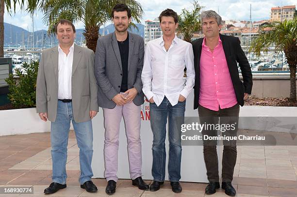 Actors Patrick d'Assumcao, Christophe Paou, Pierre Deladonchamps and director Alain Guiraudie attends the photocall for 'L'Inconnu Du Lac' during the...