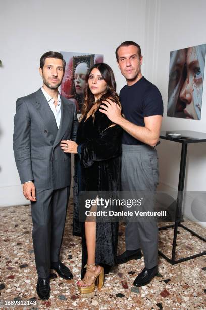 Filippo Fiora, Lavinia Fuksas and Filippo Cirulli attend the celebration of Lavinia Fuksas SS24 jewelry collection on September 18, 2023 in Milan,...