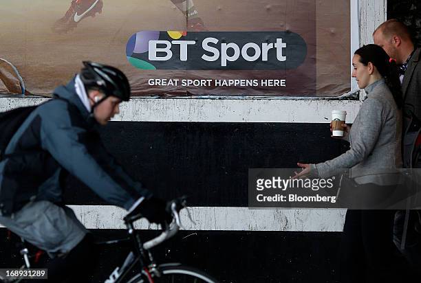 Sport logo sits on an advertising poster for BT Group Plc's new sports television service in London, U.K. On Friday, May 17, 2013. BT Group Plc said...