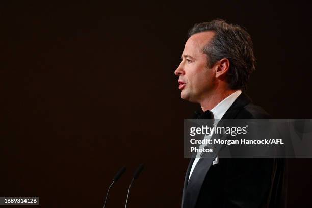 Hamish McLachlan speaks during the 2023 Brownlow Medal at Crown Palladium on September 25, 2023 in Melbourne, Australia.