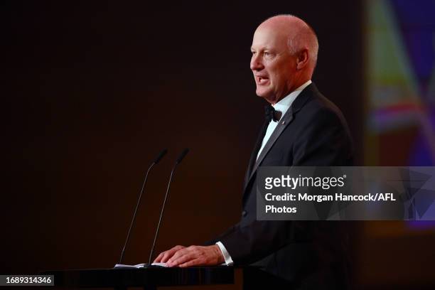Richard Goyder, Chairman of the AFL toasts 2023 Brownlow winner, Lachie Neale of the Lions during the 2023 Brownlow Medal at Crown Palladium on...