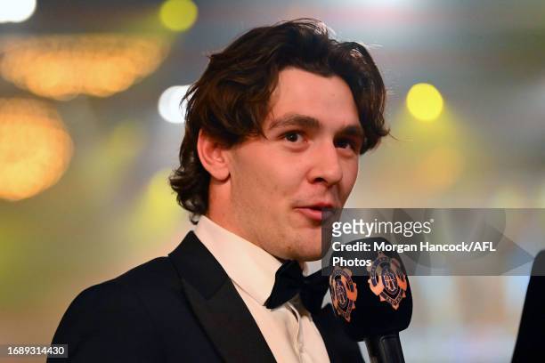 Errol Gulden of the Swans speaks to media during the 2023 Brownlow Medal at Crown Palladium on September 25, 2023 in Melbourne, Australia.