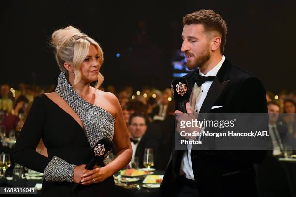 Marcus Bontempelli of the Bulldogs speaks to Rebecca Maddern during the 2023 Brownlow Medal at Crown Palladium on September 25, 2023 in Melbourne,...