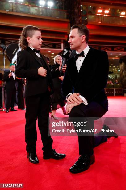 Archie Stockdale interviews Patrick Dangerfield of the Cats during the 2023 Brownlow Medal at Crown Palladium on September 25, 2023 in Melbourne,...