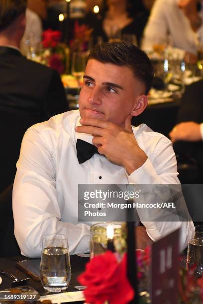 Nick Daicos of the Magpies reacts during the 2023 Brownlow Medal at Crown Palladium on September 25, 2023 in Melbourne, Australia.