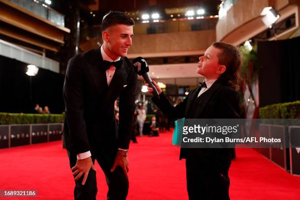 Archie Stockdale interviews Josh Daicos during the 2023 Brownlow Medal at Crown Palladium on September 25, 2023 in Melbourne, Australia.
