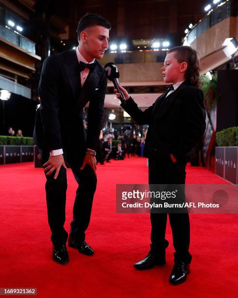 Archie Stockdale interviews Josh Daicos during the 2023 Brownlow Medal at Crown Palladium on September 25, 2023 in Melbourne, Australia.
