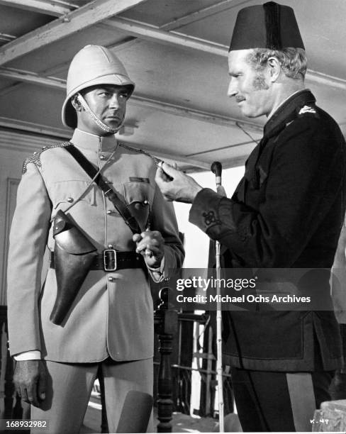 Richard Johnson and Charlton Heston in a scene from the film 'Khartoum', 1966.