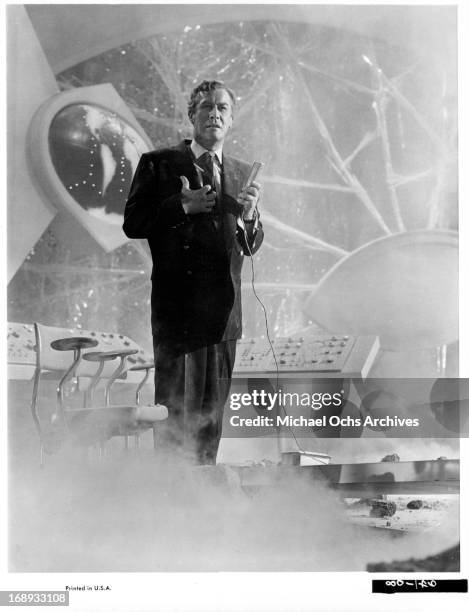 Edward Mulhares at a control panel in a scene from the film 'Our Man Flint', 1966.