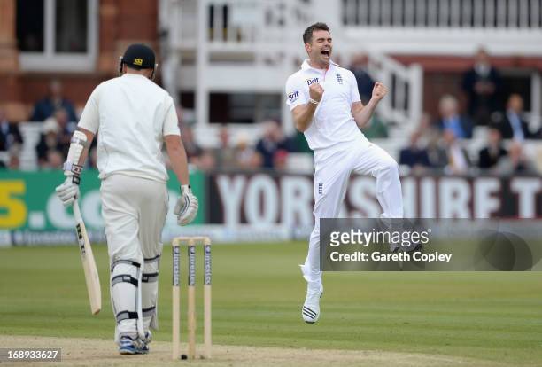 James Anderson of England celebrates dismissing Peter Fulton of New Zealand to take his 300th test match wicket during day two of 1st Investec Test...
