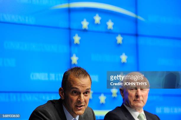 Chief executive officer of the US Anti-Doping Agency Travis Tygart and President of the European Olympic Committees Patrick Hickey talk during a...