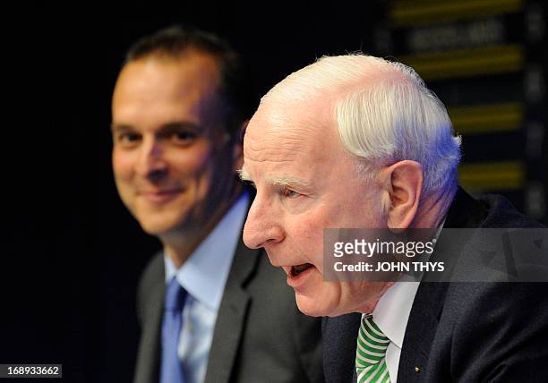 Chief executive officer of the US Anti-Doping Agency Travis Tygart and President of the European Olympic Committees Patrick Hickey talk during a...