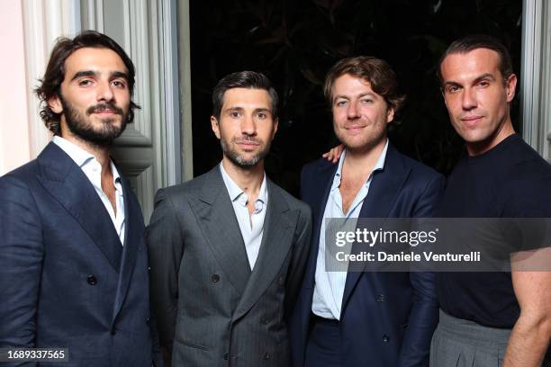 Filippo Fiora, a guest and Filippo Cirulli attend the celebration of Lavinia Fuksas SS24 jewelry collection on September 18, 2023 in Milan, Italy.