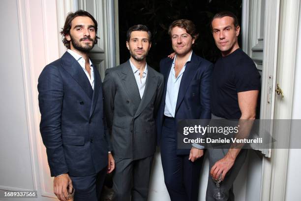 Filippo Fiora, a guest and Filippo Cirulli attend the celebration of Lavinia Fuksas SS24 jewelry collection on September 18, 2023 in Milan, Italy.