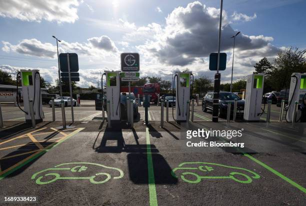 Electric vehicle charging points at a Gridserve charging hub in Thurrock, UK, on Friday, Sept. 22, 2023. UK Prime Minister Rishi Sunak said in a...