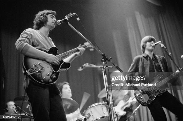 English rock group Brinsley Schwarz performing on stage, 4th May 1973. Left to right: Brinsley Schwarz, Billy Rankin, Ian Gomm and Nick Lowe.