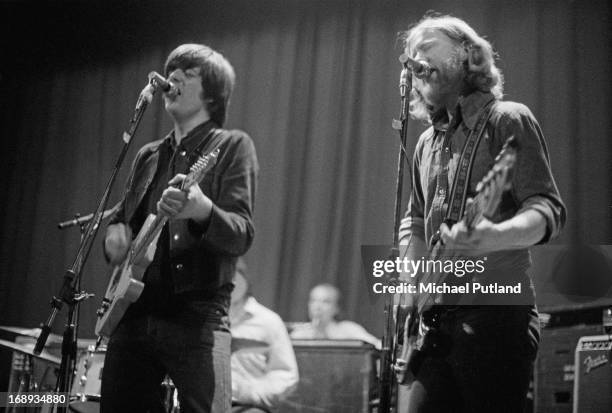 Nick Lowe and Ian Gomm performing with English rock group Brinsley Schwarz, 4th May 1973.