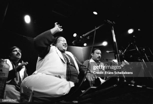 Pakistani musician Nusrat Fateh Ali Khan performs live on stage at the Melkweg in Amsterdam, Netherlands on 28th February 1988.