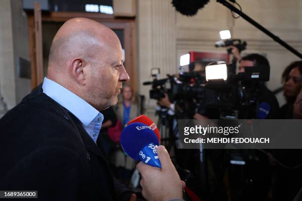 Jean-Christophe Couvry, head of the police union Unit SGP police, speaks to the press before the trial of the Magnanville attacks at the Paris...