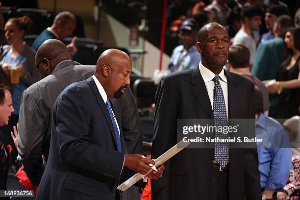 Mike Woodson and Herb Williams of the New York Knicks before the game against the Indiana Pacers in Game Five of the Eastern Conference Semifinals...