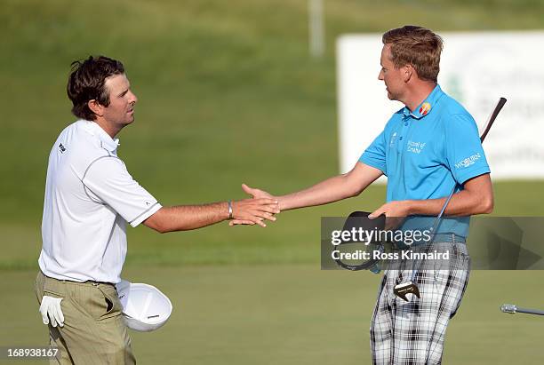 Thomas Aiken of South Africa beats Ian Poulter of England during the afternoon matches on day two of the Volvo World Match Play Championship at...
