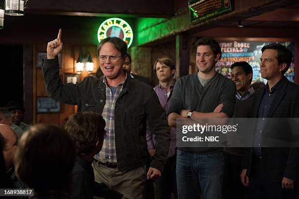 Finale" Episode 924/925 -- Pictured: Rainn Wilson as Dwight Schrute, Jake Lacy as Pete, John Krasinski as Jim Halpert, Ed Helms as Andy Bernard --