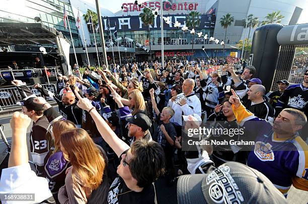 Fans rally outside prior to the game between the Los Angeles Kings and the St. Louis Blues in Game Six of the Western Conference Quarterfinals during...