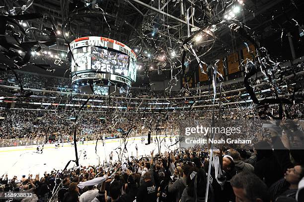 The Los Angeles Kings celebrate after defeating the St. Louis Blues in Game Six of the Western Conference Quarterfinals during the 2013 NHL Stanley...