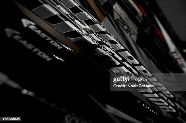 The sticks of Anze Kopitar of the Los Angeles Kings are ready prior to the game against the St. Louis Blues in Game Six of the Western Conference...