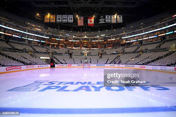 View of the ice prior to the game between the Los Angeles Kings and the St. Louis Blues in Game Six of the Western Conference Quarterfinals during...