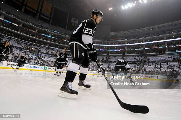 Dustin Brown of the Los Angeles Kings warms up prior to the game against the St. Louis Blues in Game Six of the Western Conference Quarterfinals...