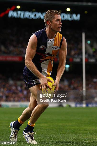 Adam Selwood of the Eagles looks to kick the ball into the forward line during the round eight AFL match between the West Coast Eagles and the North...