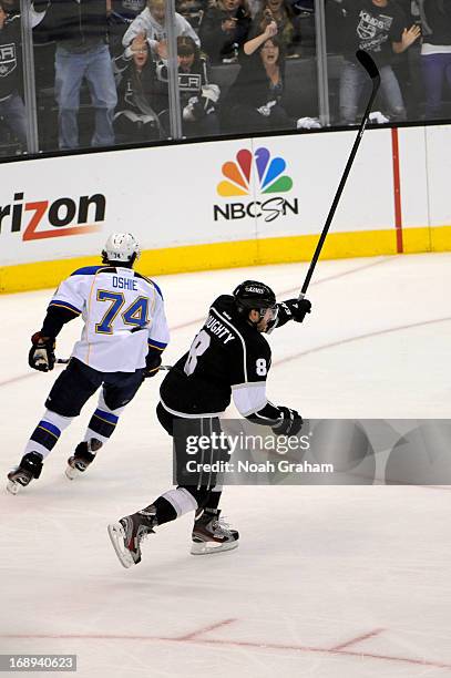 Drew Doughty of the Los Angeles Kings reacts after scoring a goal against the St. Louis Blues in Game Six of the Western Conference Quarterfinals...