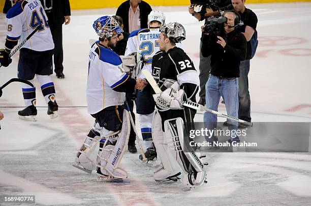 Jonathan Quick of the Los Angeles Kings shakes hands with Brian Elliott of the St. Louis Blues in Game Six of the Western Conference Quarterfinals...