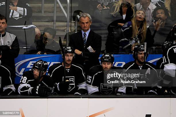 Head Coach Darryl Sutter of the Los Angeles Kings stands on the bench during the game against the St. Louis Blues in Game Six of the Western...