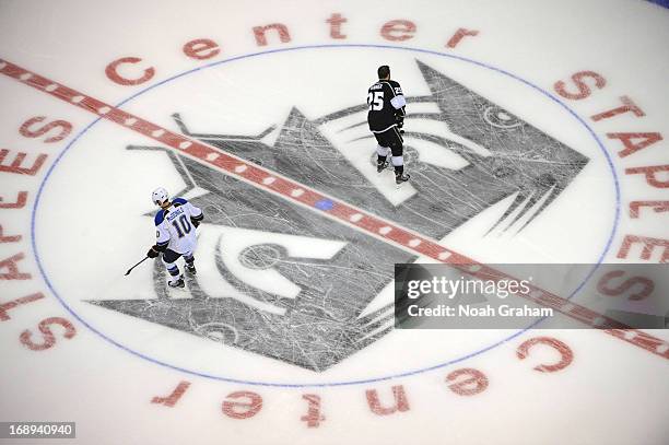 Andy McDonald of the St. Louis Blues and Dustin Penner of the Los Angeles Kings warm up prior to Game Six of the Western Conference Quarterfinals...