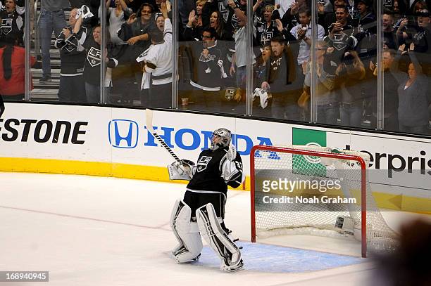Jonathan Quick of the Los Angeles Kings celebrates after defeating the St. Louis Blues in Game Six of the Western Conference Quarterfinals during the...