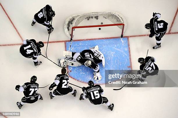 The Los Angeles Kings warm up prior to the game against the St. Louis Blues in Game Six of the Western Conference Quarterfinals during the 2013 NHL...