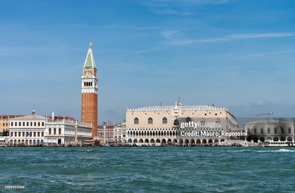View of Doge´s Palace, Campanile and coastline from the Grand Canal at Venice, Italy.