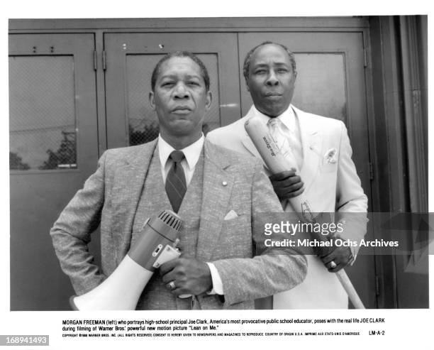 Morgan Freeman stands with Joe Clark, who he portrays in the film 'Lean On Me', 1989.