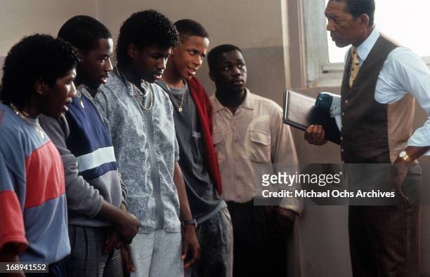 Morgan Freeman talks to a group of boys in a scene from the film 'Lean On Me', 1989.