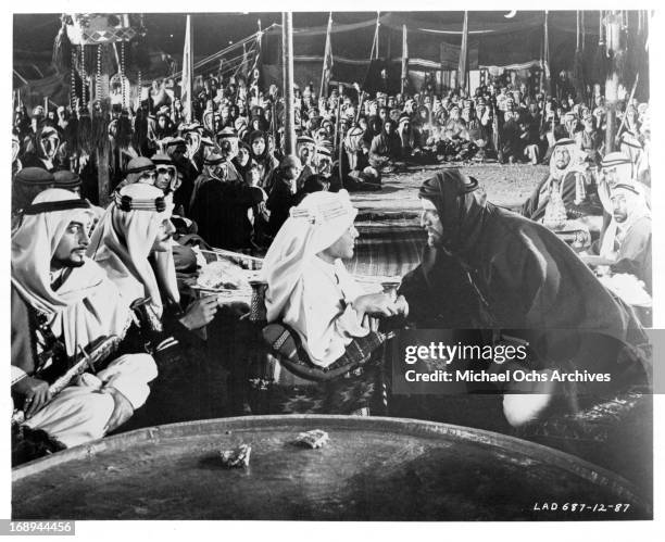 Gamil Ratib, Omar Sharif, Peter O'Toole and Anthony Quinn in a scene from the film 'Lawrence Of Arabia', 1962.