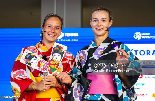 Anna Kalinskaya and Daria Kasatkina play battledore on Day 1 of the Toray Pan Pacific Open at Ariake Coliseum on September 25, 2023 in Tokyo, Japan