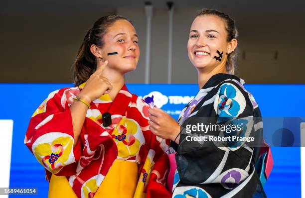 Anna Kalinskaya and Daria Kasatkina play battledore on Day 1 of the Toray Pan Pacific Open at Ariake Coliseum on September 25, 2023 in Tokyo, Japan