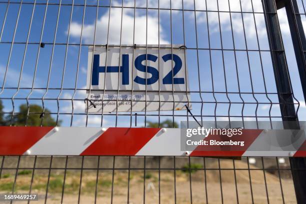 Sign at an entrance to the HS2 development site near Euston station in London, UK, on Monday, Sept. 25, 2023. Rishi Sunak faced anger from UK...