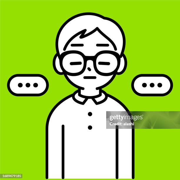 a boy wearing horn-rimmed glasses, standing with his eyes closed, not knowing what he is thinking, a minimalist style, black and white outline - awkward silence stock illustrations