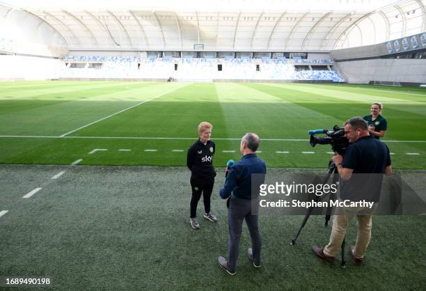 Budapest , Hungary - 25 September 2023; Interim head coach Eileen Gleeson is interviewed by RTÉ's Dave Kelly during a Republic of Ireland women media...