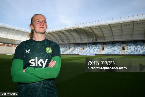 Budapest , Hungary - 25 September 2023; Goalkeeper Courtney Brosnan poses for a portrait during a Republic of Ireland women media conference at...